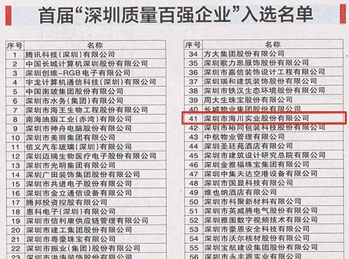 海川股份荣获深圳市首届质量百强企业